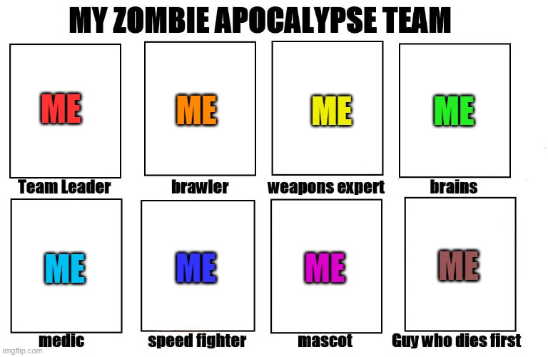 Me, me, and...me! | ME; ME; ME; ME; ME; ME; ME; ME | image tagged in my zombie apocalypse team | made w/ Imgflip meme maker