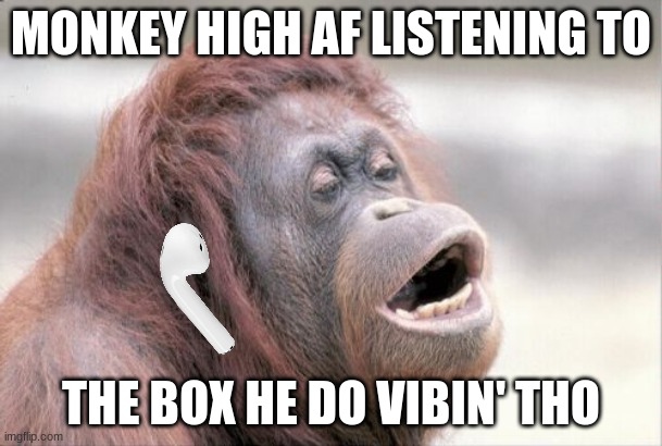 Ee Ooh | MONKEY HIGH AF LISTENING TO; THE BOX HE DO VIBIN' THO | image tagged in memes,monkey ooh | made w/ Imgflip meme maker