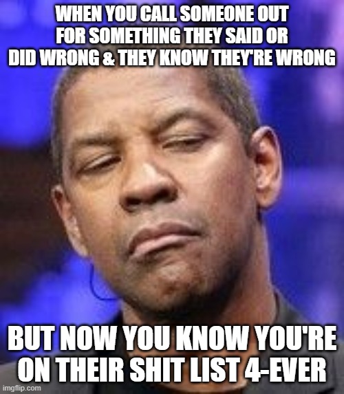 You know | WHEN YOU CALL SOMEONE OUT FOR SOMETHING THEY SAID OR DID WRONG & THEY KNOW THEY'RE WRONG; BUT NOW YOU KNOW YOU'RE ON THEIR SHIT LIST 4-EVER | image tagged in sarcasm | made w/ Imgflip meme maker