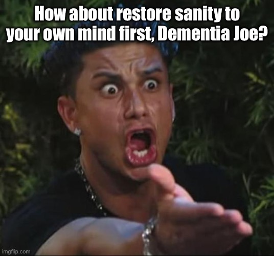 DJ Pauly D Meme | How about restore sanity to your own mind first, Dementia Joe? | image tagged in memes,dj pauly d | made w/ Imgflip meme maker