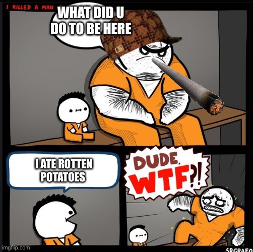 Srgrafo dude wtf | WHAT DID U DO TO BE HERE; I ATE ROTTEN POTATOES | image tagged in srgrafo dude wtf | made w/ Imgflip meme maker