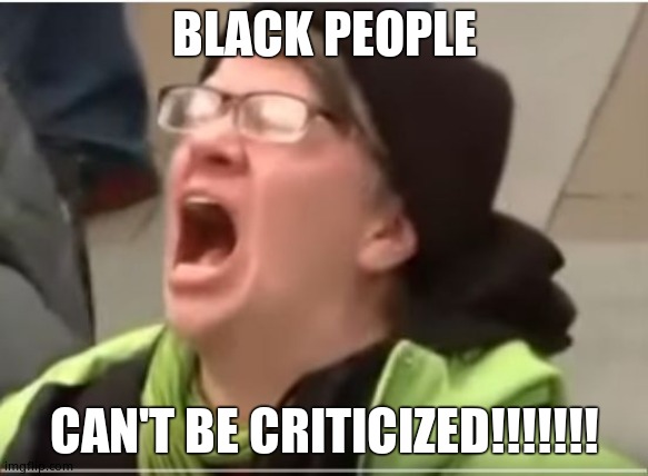 Screaming Liberal | BLACK PEOPLE CAN'T BE CRITICIZED!!!!!!! | image tagged in screaming liberal | made w/ Imgflip meme maker