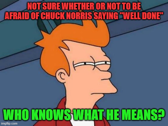 Futurama Fry Meme | NOT SURE WHETHER OR NOT TO BE AFRAID OF CHUCK NORRIS SAYING "WELL DONE" WHO KNOWS WHAT HE MEANS? | image tagged in memes,futurama fry | made w/ Imgflip meme maker