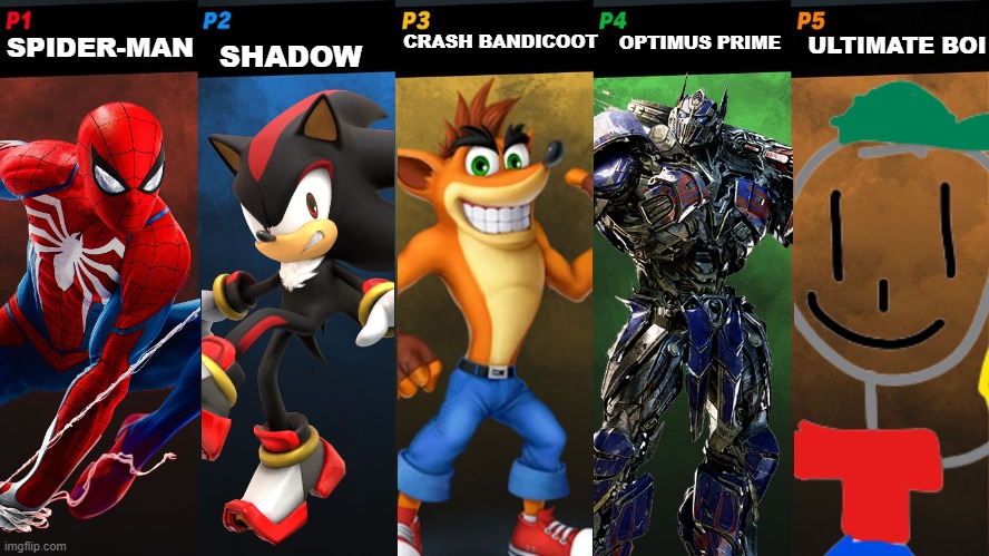 This template is awesome Winston!!!! | SHADOW; ULTIMATE BOI; OPTIMUS PRIME; CRASH BANDICOOT; SPIDER-MAN | image tagged in smash bros 5 players fight,super smash bros,dlc | made w/ Imgflip meme maker