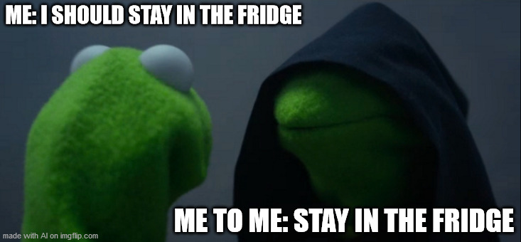 AI memes are stupid | ME: I SHOULD STAY IN THE FRIDGE; ME TO ME: STAY IN THE FRIDGE | image tagged in memes,evil kermit | made w/ Imgflip meme maker