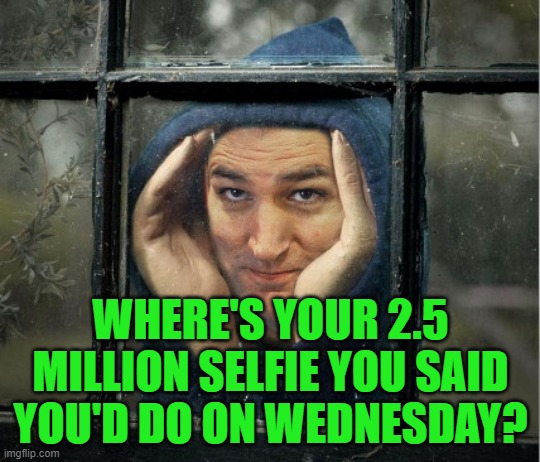 Peeping Ted Cruz | WHERE'S YOUR 2.5 MILLION SELFIE YOU SAID YOU'D DO ON WEDNESDAY? | image tagged in peeping ted cruz | made w/ Imgflip meme maker