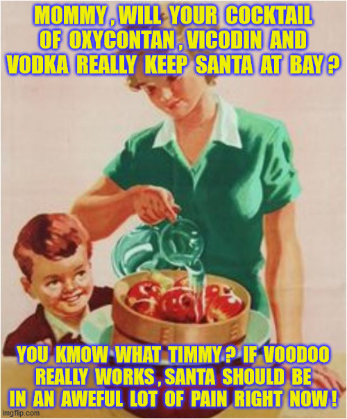 MOMMY , WILL  YOUR  COCKTAIL  OF  OXYCONTAN , VICODIN  AND  VODKA  REALLY  KEEP  SANTA  AT  BAY ? YOU  KMOW  WHAT  TIMMY ?  IF  VOODOO  REAL | made w/ Imgflip meme maker