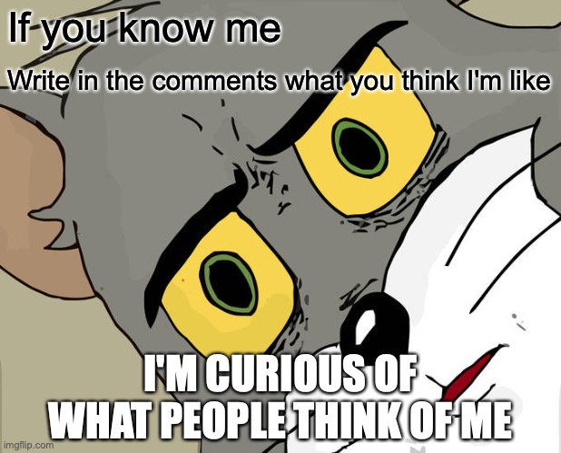 Anything at all. Like if you know my memes, or responded to a post of mine | If you know me; Write in the comments what you think I'm like; I'M CURIOUS OF WHAT PEOPLE THINK OF ME | image tagged in memes,unsettled tom,me,comments | made w/ Imgflip meme maker