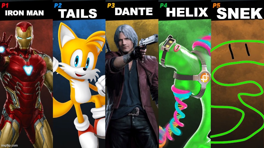 Even more people join! | TAILS; SNEK; HELIX; DANTE; IRON MAN | image tagged in smash bros 5 players fight,super smash bros,dlc | made w/ Imgflip meme maker