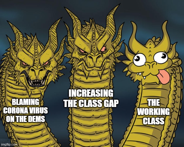 Corona distraction | INCREASING THE CLASS GAP; THE WORKING CLASS; BLAMING CORONA VIRUS ON THE DEMS | image tagged in three-headed dragon,coronavirus | made w/ Imgflip meme maker
