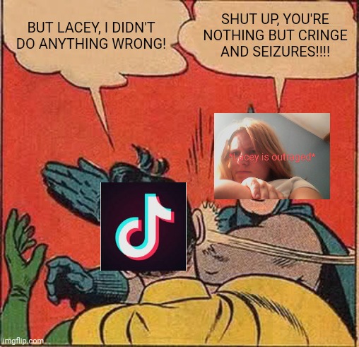 LaceyRobbins1 Beats Up Tik Tok | BUT LACEY, I DIDN'T DO ANYTHING WRONG! SHUT UP, YOU'RE NOTHING BUT CRINGE AND SEIZURES!!!! | image tagged in memes,batman slapping robin,laceyrobbins1 roasts tik tok,come together antiticktoks followers,no more tik tok,laceyrobbins1 beat | made w/ Imgflip meme maker