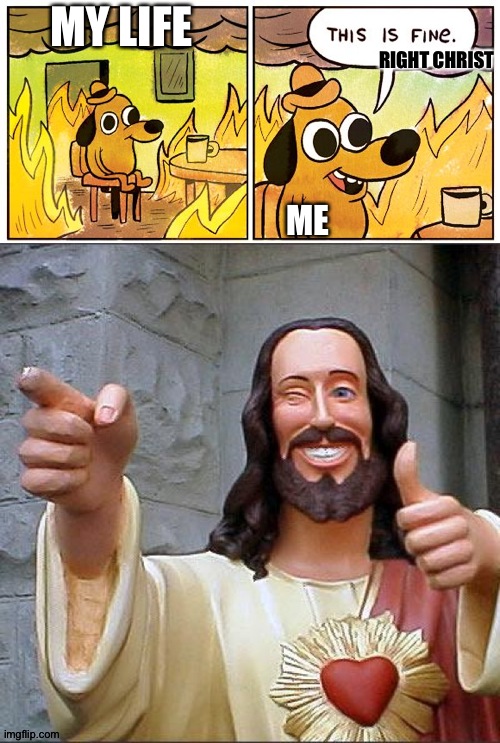 The disaster in my life is ok | MY LIFE; RIGHT CHRIST; ME | image tagged in memes,buddy christ,this is fine,bethropolis,my life,funny memes | made w/ Imgflip meme maker