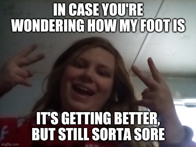 IN CASE YOU'RE WONDERING HOW MY FOOT IS; IT'S GETTING BETTER, BUT STILL SORTA SORE | image tagged in lacey first thing in the morning | made w/ Imgflip meme maker