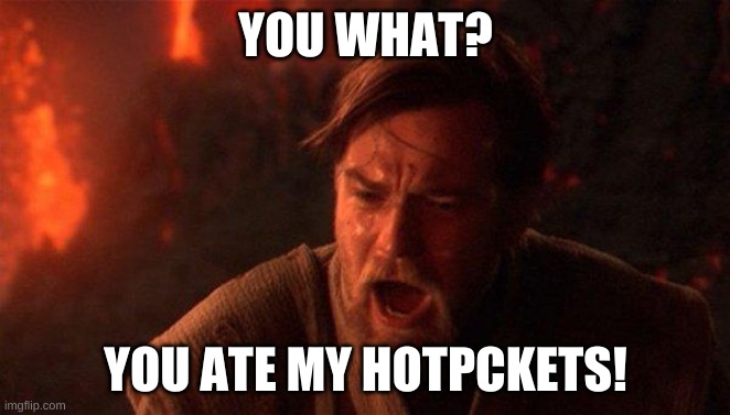 You Were The Chosen One (Star Wars) Meme | YOU WHAT? YOU ATE MY HOTPCKETS! | image tagged in memes,you were the chosen one star wars | made w/ Imgflip meme maker