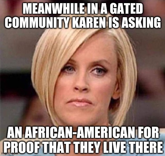 Karen, the manager will see you now | MEANWHILE IN A GATED COMMUNITY KAREN IS ASKING AN AFRICAN-AMERICAN FOR PROOF THAT THEY LIVE THERE | image tagged in karen the manager will see you now | made w/ Imgflip meme maker