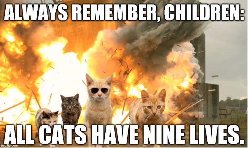 Cats walking away from explosion | ALWAYS REMEMBER, CHILDREN:; ALL CATS HAVE NINE LIVES. | image tagged in cats walking away from explosion | made w/ Imgflip meme maker