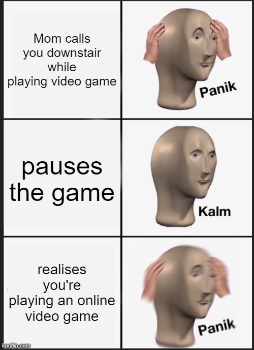 video games | Mom calls you downstair while playing video game; pauses the game; realises you're playing an online video game | image tagged in memes,panik kalm panik | made w/ Imgflip meme maker