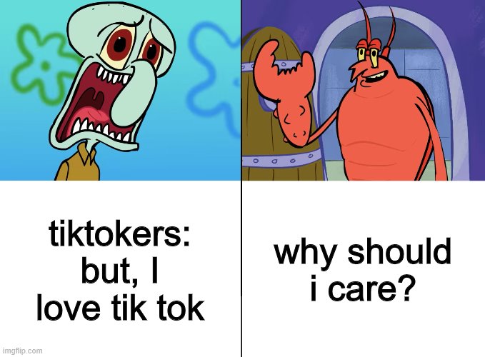 we gotta get spongebob back! why? | tiktokers: but, I love tik tok why should i care? | image tagged in we gotta get spongebob back why | made w/ Imgflip meme maker