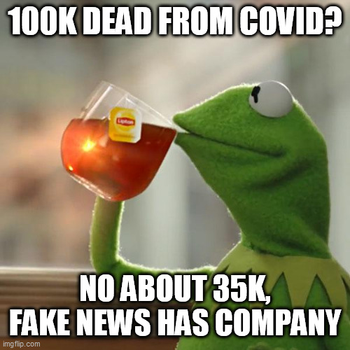 But That's None Of My Business Meme | 100K DEAD FROM COVID? NO ABOUT 35K, FAKE NEWS HAS COMPANY | image tagged in memes,but that's none of my business,kermit the frog | made w/ Imgflip meme maker