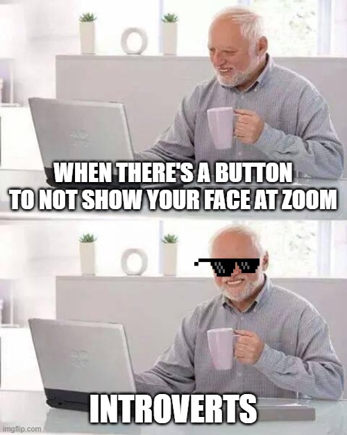 Hide the Pain Harold Meme | WHEN THERE'S A BUTTON TO NOT SHOW YOUR FACE AT ZOOM; INTROVERTS | image tagged in memes,hide the pain harold | made w/ Imgflip meme maker