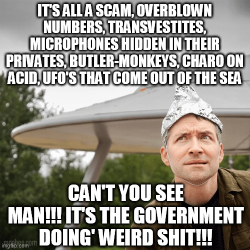 The GOVERNMENT! | IT'S ALL A SCAM, OVERBLOWN NUMBERS, TRANSVESTITES, MICROPHONES HIDDEN IN THEIR PRIVATES, BUTLER-MONKEYS, CHARO ON ACID, UFO'S THAT COME OUT OF THE SEA; CAN'T YOU SEE MAN!!! IT'S THE GOVERNMENT DOING' WEIRD SHIT!!! | image tagged in memes,trump,democrat,tin foil hat,ufo,corona virus | made w/ Imgflip meme maker