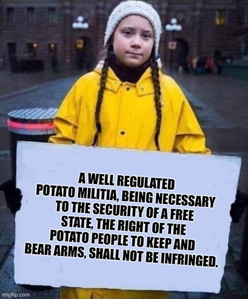 GRETA PETATA. | A WELL REGULATED POTATO MILITIA, BEING NECESSARY TO THE SECURITY OF A FREE STATE, THE RIGHT OF THE POTATO PEOPLE TO KEEP AND BEAR ARMS, SHAL | image tagged in greta,2nd ammendment | made w/ Imgflip meme maker