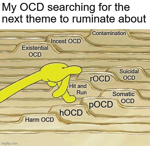 OCD Searching for the Next Theme | My OCD searching for the next theme to ruminate about; Contamination; Incest OCD; Existential OCD; Suicidal OCD; rOCD; Hit and
Run; Somatic OCD; pOCD; hOCD; Harm OCD | image tagged in spongebob filing,ocd,obsessive-compulsive,intrusive thoughts,mental health,anxiety | made w/ Imgflip meme maker