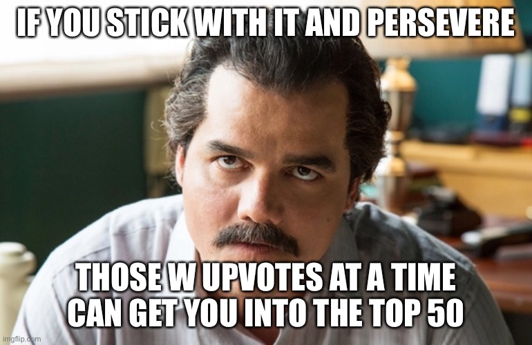 Unsettled Escobar | IF YOU STICK WITH IT AND PERSEVERE THOSE W UPVOTES AT A TIME CAN GET YOU INTO THE TOP 50 | image tagged in unsettled escobar | made w/ Imgflip meme maker