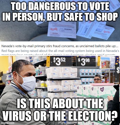 The Virus or the Election | TOO DANGEROUS TO VOTE IN PERSON, BUT SAFE TO SHOP; IS THIS ABOUT THE VIRUS OR THE ELECTION? | image tagged in voter fraud,2020 elections | made w/ Imgflip meme maker