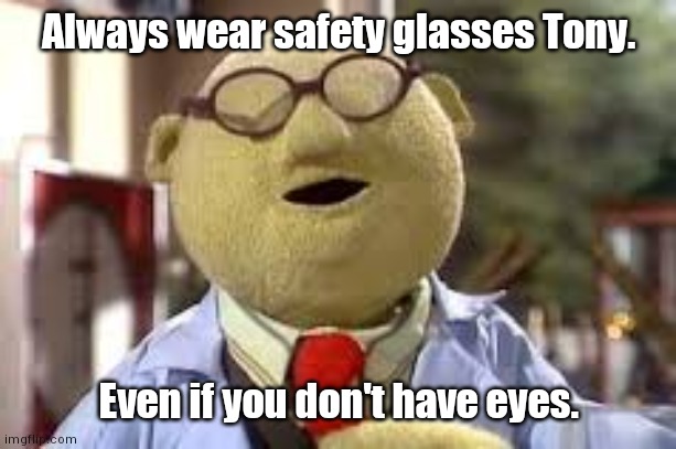 Bunsen Honeydew | Always wear safety glasses Tony. Even if you don't have eyes. | image tagged in bunsen honeydew | made w/ Imgflip meme maker