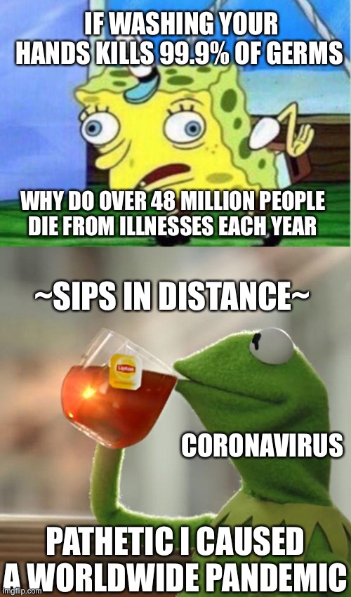 IF WASHING YOUR HANDS KILLS 99.9% OF GERMS; WHY DO OVER 48 MILLION PEOPLE DIE FROM ILLNESSES EACH YEAR; ~SIPS IN DISTANCE~; CORONAVIRUS; PATHETIC I CAUSED A WORLDWIDE PANDEMIC | image tagged in memes,but that's none of my business,mocking spongebob | made w/ Imgflip meme maker