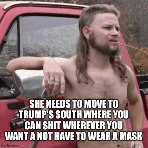 almost redneck | SHE NEEDS TO MOVE TO TRUMP'S SOUTH WHERE YOU CAN SHIT WHEREVER YOU WANT A NOT HAVE TO WEAR A MASK | image tagged in almost redneck | made w/ Imgflip meme maker