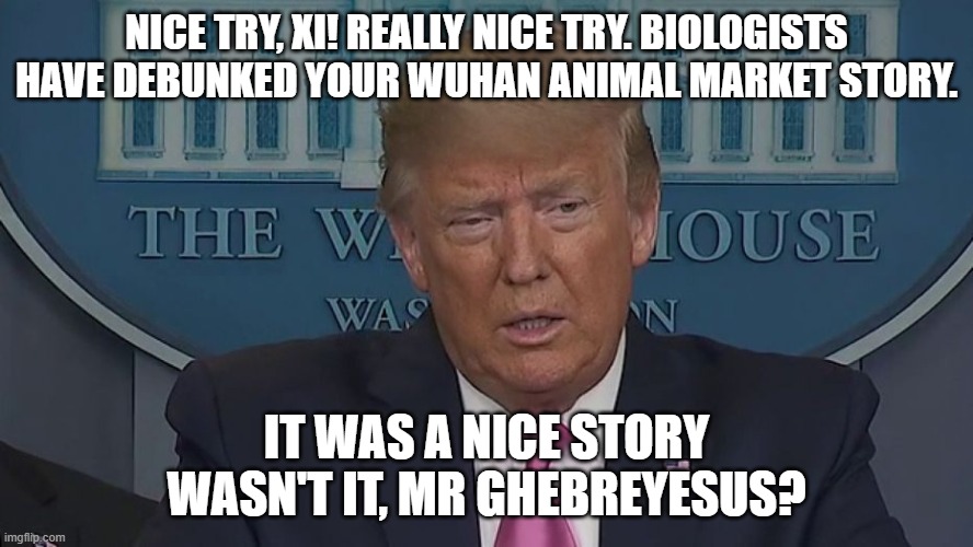 Nice Try, Xi! Biologists have debunked your Wuhan animal market story. It was a nice story wasn't it, Mr Ghebreyesus? | NICE TRY, XI! REALLY NICE TRY. BIOLOGISTS HAVE DEBUNKED YOUR WUHAN ANIMAL MARKET STORY. IT WAS A NICE STORY WASN'T IT, MR GHEBREYESUS? | image tagged in if only you knew how bad things really are | made w/ Imgflip meme maker