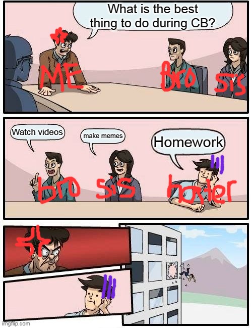 Boardroom Meeting Suggestion Meme | What is the best thing to do during CB? Watch videos; make memes; Homework | image tagged in memes,boardroom meeting suggestion | made w/ Imgflip meme maker