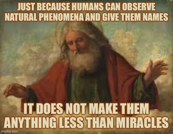 god | JUST BECAUSE HUMANS CAN OBSERVE NATURAL PHENOMENA AND GIVE THEM NAMES; IT DOES NOT MAKE THEM ANYTHING LESS THAN MIRACLES | image tagged in god | made w/ Imgflip meme maker