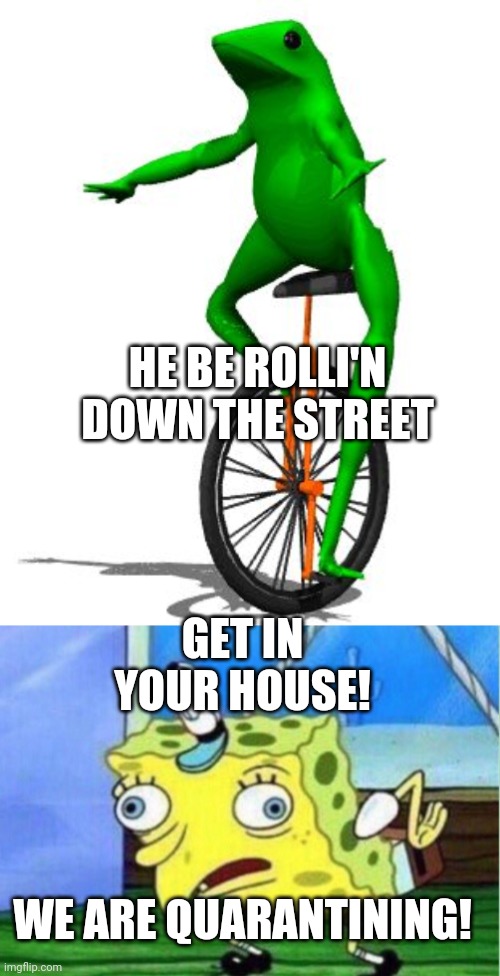 HE BE ROLLI'N DOWN THE STREET; GET IN YOUR HOUSE! WE ARE QUARANTINING! | image tagged in memes,dat boi,mocking spongebob | made w/ Imgflip meme maker
