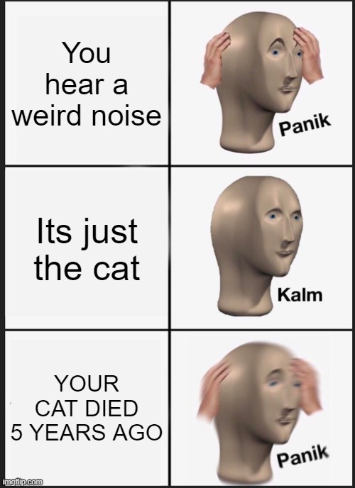 Panik Kalm Panik Meme | You hear a weird noise; Its just the cat; YOUR CAT DIED 5 YEARS AGO | image tagged in memes,panik kalm panik | made w/ Imgflip meme maker
