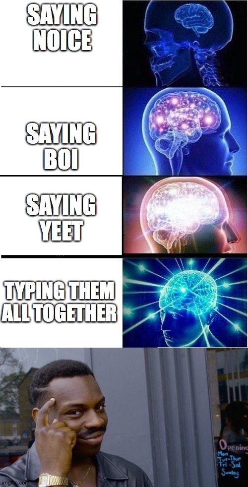 SAYING NOICE; SAYING BOI; SAYING YEET; TYPING THEM ALL TOGETHER | image tagged in memes,roll safe think about it,expanding brain | made w/ Imgflip meme maker