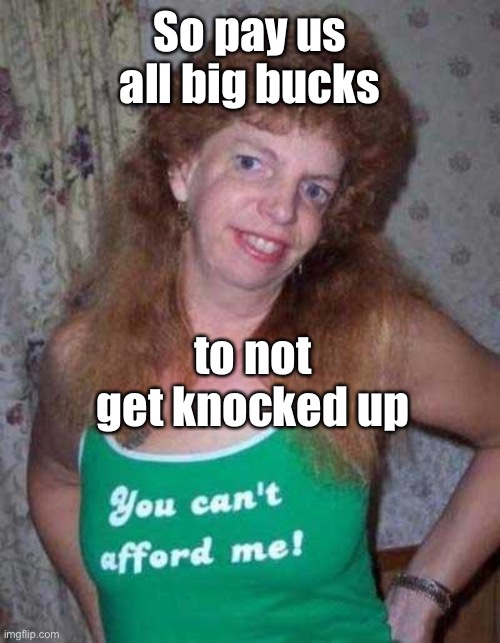 Ugly Woman | So pay us all big bucks to not get knocked up | image tagged in ugly woman | made w/ Imgflip meme maker