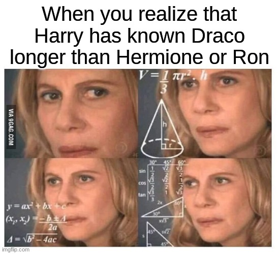 Thinking lady | When you realize that Harry has known Draco longer than Hermione or Ron | image tagged in thinking lady | made w/ Imgflip meme maker