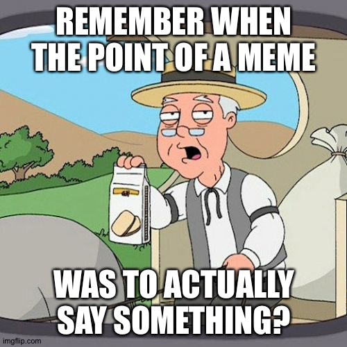 Pepperidge Farm Remembers Meme | REMEMBER WHEN THE POINT OF A MEME WAS TO ACTUALLY SAY SOMETHING? | image tagged in memes,pepperidge farm remembers | made w/ Imgflip meme maker