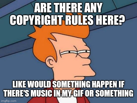 just asking | ARE THERE ANY COPYRIGHT RULES HERE? LIKE WOULD SOMETHING HAPPEN IF THERE'S MUSIC IN MY GIF OR SOMETHING | image tagged in question | made w/ Imgflip meme maker