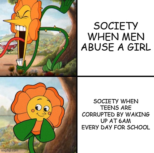angry flower | SOCIETY WHEN MEN ABUSE A GIRL; SOCIETY WHEN TEENS ARE CORRUPTED BY WAKING UP AT 6AM EVERY DAY FOR SCHOOL | image tagged in angry flower,memes | made w/ Imgflip meme maker