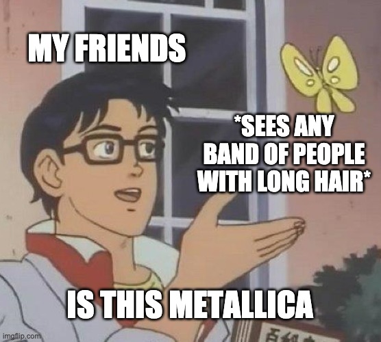 Is This A Pigeon Meme | MY FRIENDS; *SEES ANY BAND OF PEOPLE WITH LONG HAIR*; IS THIS METALLICA | image tagged in memes,is this a pigeon | made w/ Imgflip meme maker