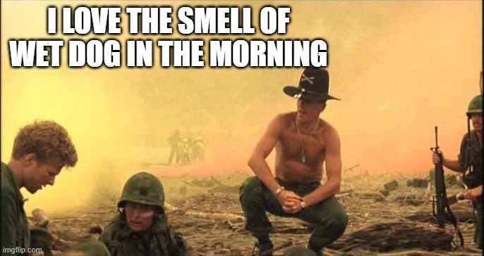 I love the smell of napalm in the morning | I LOVE THE SMELL OF WET DOG IN THE MORNING | image tagged in i love the smell of napalm in the morning | made w/ Imgflip meme maker