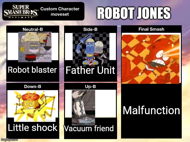 Here's a Moveset for Robot Jones. | ROBOT JONES; Robot blaster; Father Unit; Malfunction; Little shock; Vacuum friend | image tagged in smash ultimate custom moveset,robot jones,smash bros,memes | made w/ Imgflip meme maker