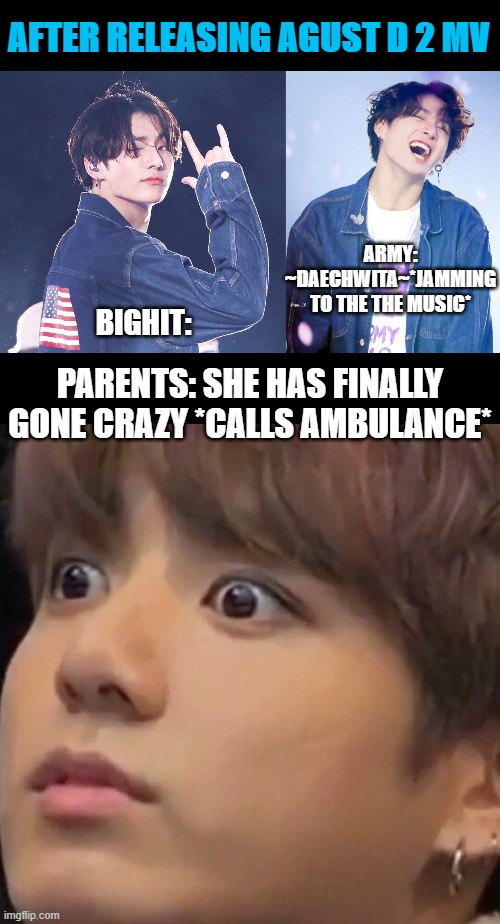 BTS meme | AFTER RELEASING AGUST D 2 MV; ARMY: ~DAECHWITA~*JAMMING TO THE THE MUSIC*; BIGHIT:; PARENTS: SHE HAS FINALLY GONE CRAZY *CALLS AMBULANCE* | image tagged in memes,funny,bts | made w/ Imgflip meme maker