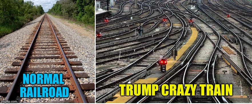 The Trump Crazy Train runs on many tracks | NORMAL 
RAILROAD TRUMP CRAZY TRAIN | image tagged in railroad tracks | made w/ Imgflip meme maker