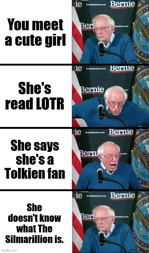 The Silmarillion is (in my opinion) the best fantasy novel ever written. | You meet a cute girl; She's read LOTR; She says she's a Tolkien fan; She doesn't know what The Silmarillion is. | image tagged in bernie sanders reaction,lord of the rings | made w/ Imgflip meme maker