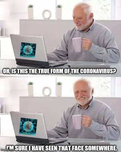 Hide the Pain Harold Meme | OH, IS THIS THE TRUE FORM OF THE CORONAVIRUS? I'M SURE I HAVE SEEN THAT FACE SOMEWHERE. | image tagged in memes,hide the pain harold,plague | made w/ Imgflip meme maker